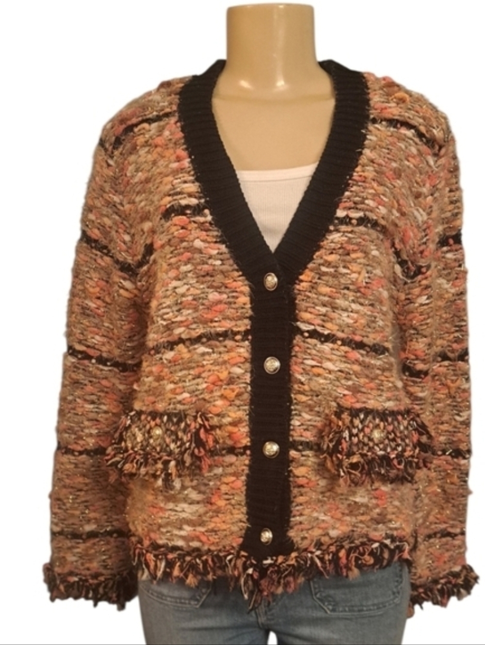 R Fashion & Accessories Textured Tweed Knit Cardigan Jacket | Fringe | S/M | NWT - Picture 7 of 7